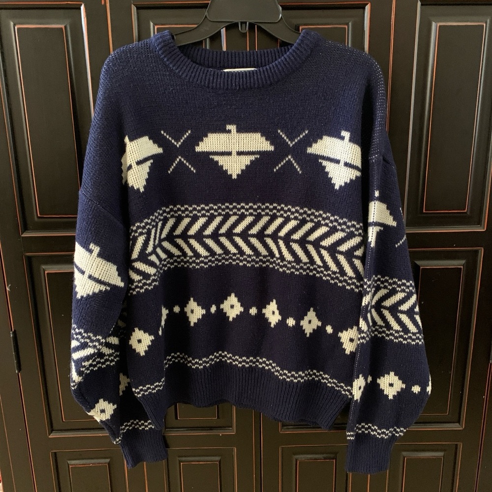 VNTG 90s Mervyn’s Grandpa Sweater Heavy Knit men’s L blue white Korea geometric